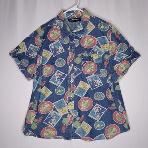 Vtg 90s Button Shirt Womens Postcard Bon Voyage Nautical Sailor Vacation‎ Travel